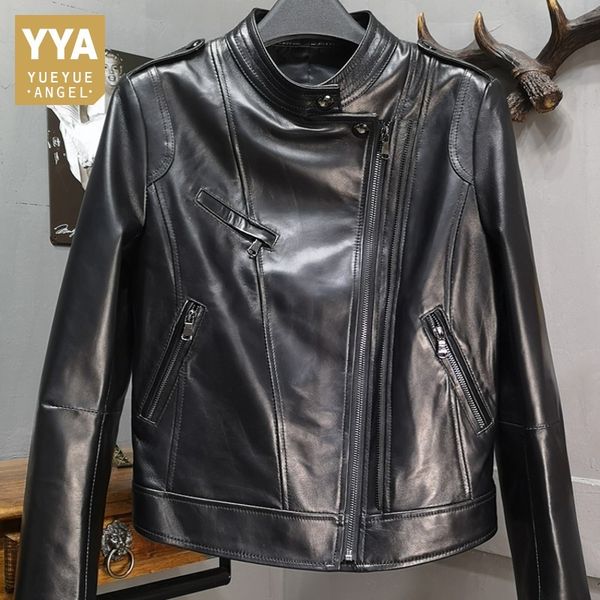 

fashion long sleeve zipper stand collar womens short jackets spring autumn sheepskin genuine leather slim fit coats plus size, Black