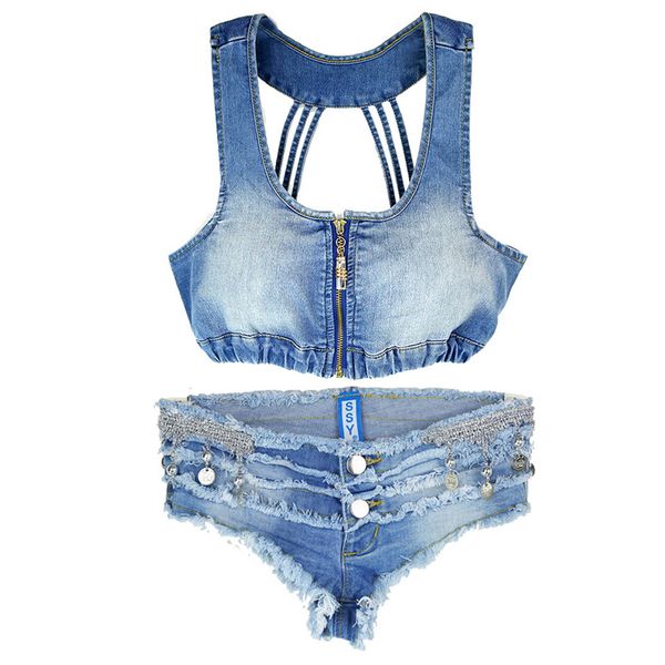 Duas peças Sexy Shorts Conjuntos de Mulheres New Denim Vest Halter oco selvagem Tubo Top + Discoteca cintura baixa Sexy Jeans Shorts Sinos Hot Pants