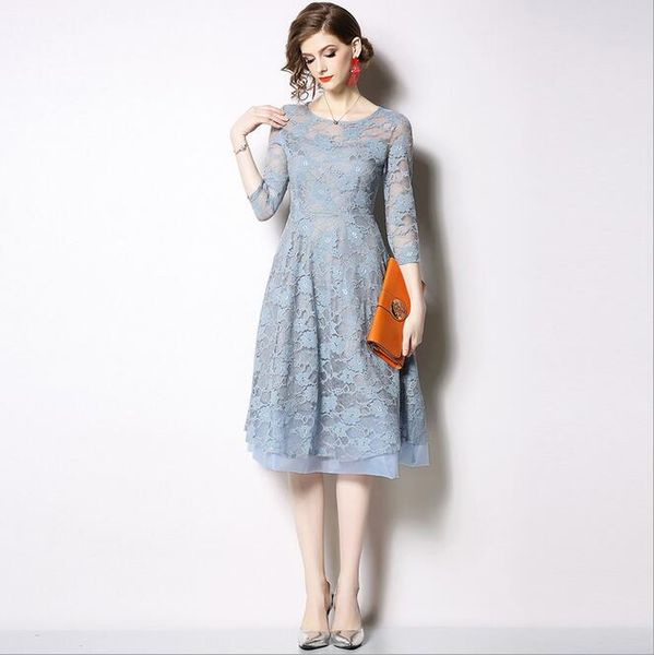 

ins spring lace embroidery flora women skirts summer crew neck a-line sweet girl mini dresses street style dress 3/4 sleeve knee-length, Black;pink
