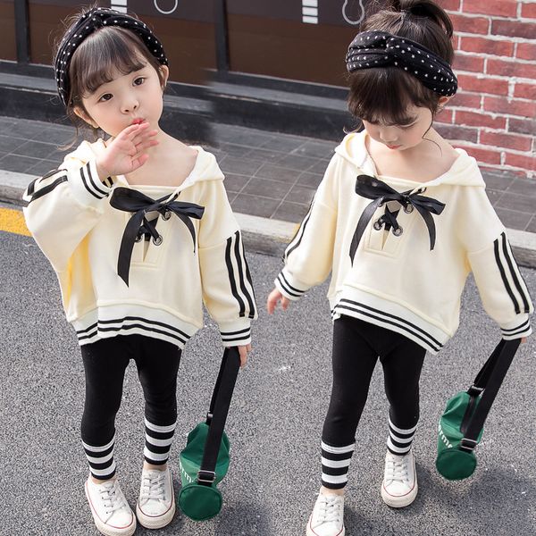 

fashion autumn kids clothes 2019 spring baby girls tracksuit set 2pcs hooded shirt jacket+pants children bow tie outfit suit, White