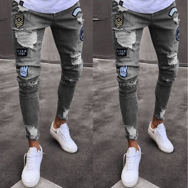 

men denim ripped hole jeans slim biker jeans fashion hip hop skinny striped pencil for men stretch patchwork homme, Blue