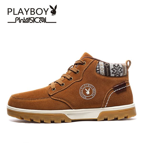 

playboy men snow boots winter cow suede add wool cotton shoes man round toe fashion brand mens ankle boots ds67137, Black