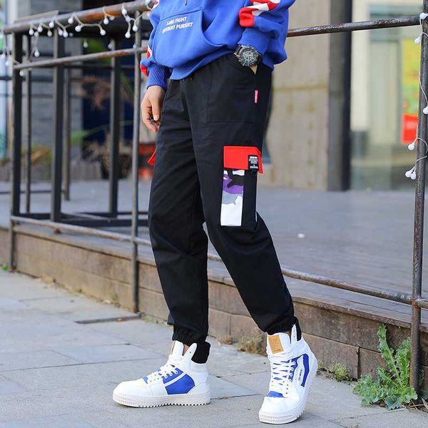 

designer cargo men 2019 mes streetwear pockets patchwork joggers pant, Black