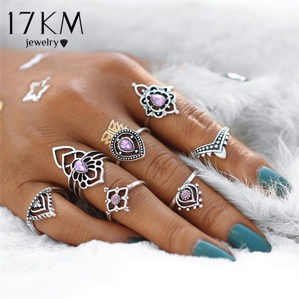 

17km vintage tibetan flower ring sets crystal knuckle midi rings for women retro boho beach anillos punk jewelry party 7pcs/set, Golden;silver