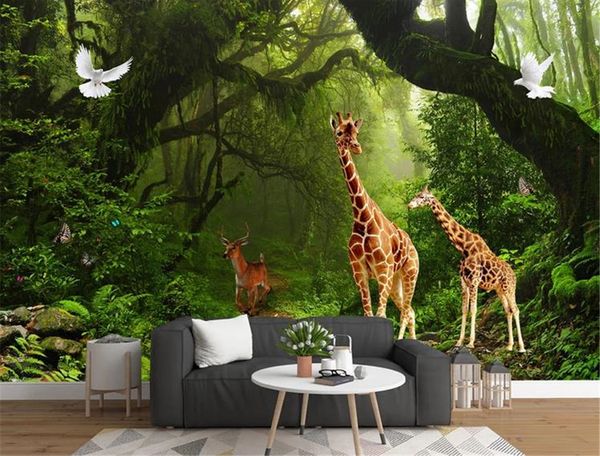 Preço baixo Para Papel De Parede Fantasia Fairytale Floresta Girafa Animal Fundo Pintura De Parede Papel De Parede HD Papel De Parede De Impressão