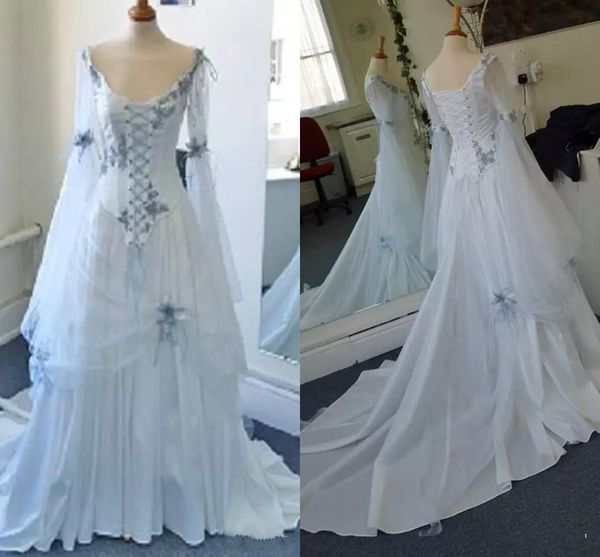 

vintage celtic wedding dresses white and pale blue colorful medieval country bridal dress corset long bell sleeves appliques wedding gowns