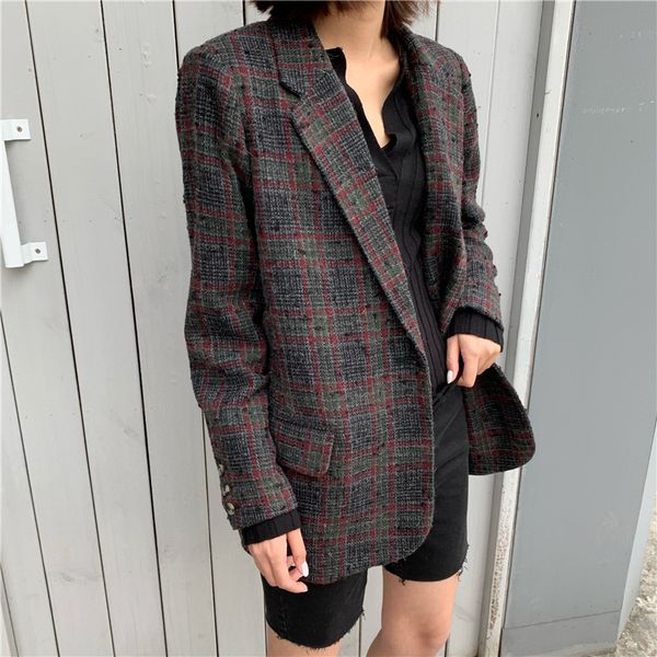 

women coat 2020 new tweed plaid one button wool blazer, White;black