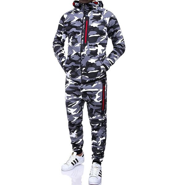 

2018 new men fashion camouflage hoodie set male tracksuit outdoors suit, Gray