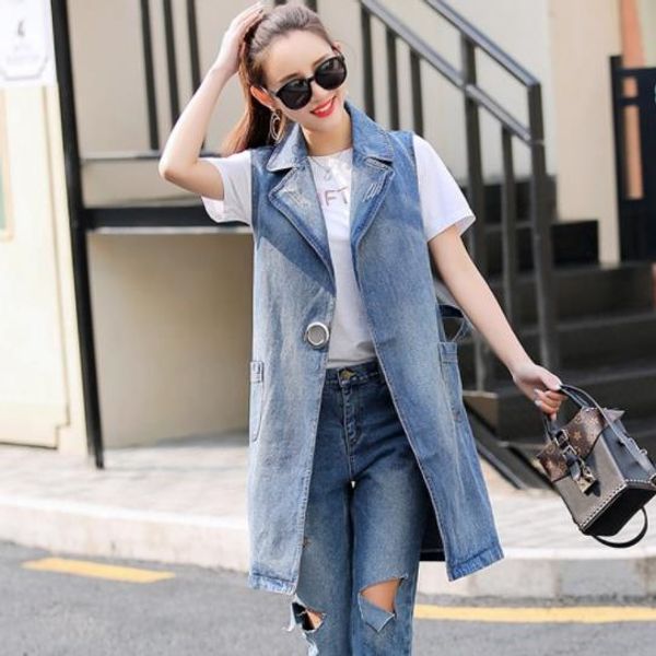 

women long denim vest coat 2018 new spring autumn vintage washed sleeveless jeans jacket waistcoat big size femme ae82, Black;white