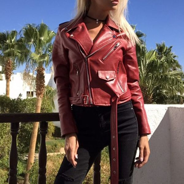 

2019 autumn spring women soft pu leather jacket motorcycle fashion faux leather jacket turn-down collar short coat, Black