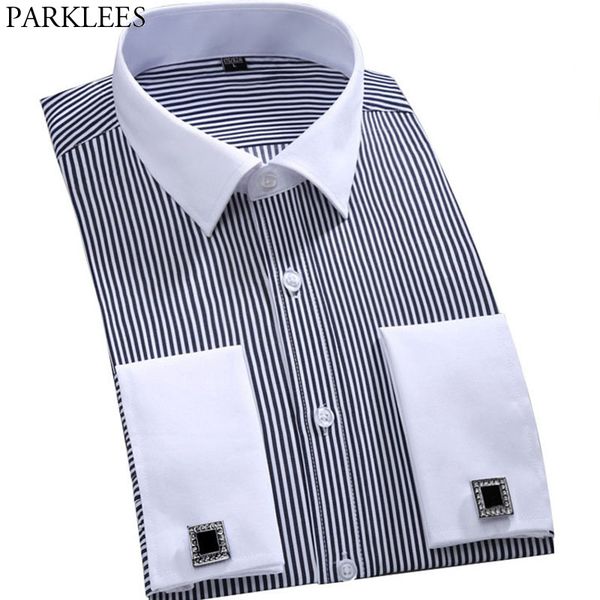 

brand french cufflink shirt men black white pin stripes long sleeve button down shirts business casual work camisa masculina 6xl, White;black