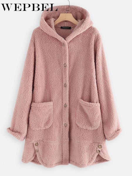 

wepbel ladies autumn and winter new fashion plush coat solid color long single-breasted hooded jacket pocket casual loose coat, Black