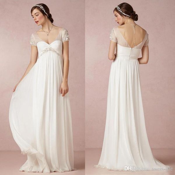 

chic 2020 chiffon empire maternity wedding dresses beach sheer short sleeves backless bridal dress party wear, White