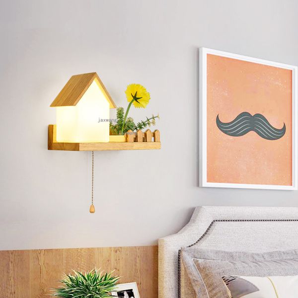 

nordic led wall lamp bedside solid wood light fixture creative glass house wall lamps bedroom sconces indoor light lighting