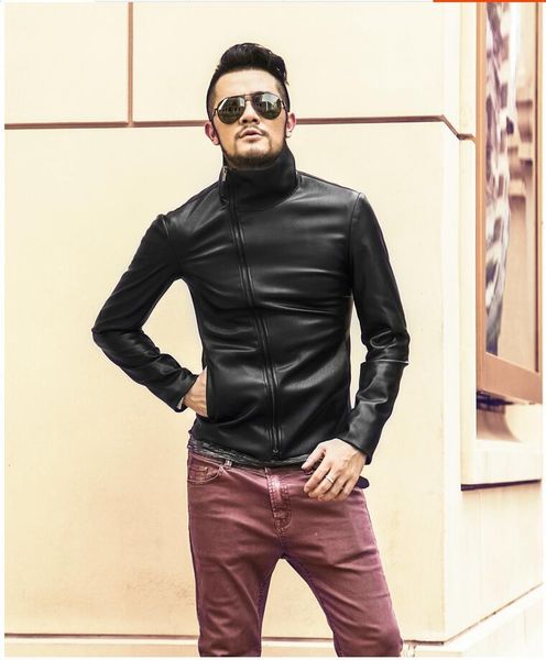 

selling men locomotive oblique zipper men's leather clothing stand collar leather coat coat clip, Black