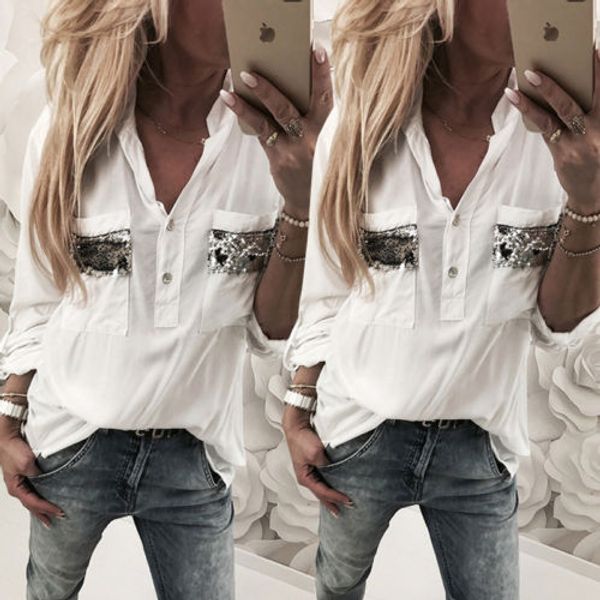 

2019 new sequins pocket blouses women long sleeve casual loose blouse shirts summer ladies fashion work shirts tee, White