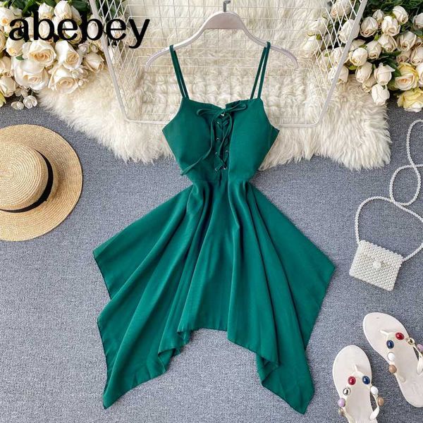 

2020 slim lace up spaghetti strap asymmetrical midi dress summer vestido de fiesta casual party women beach irregular dress, Black;gray