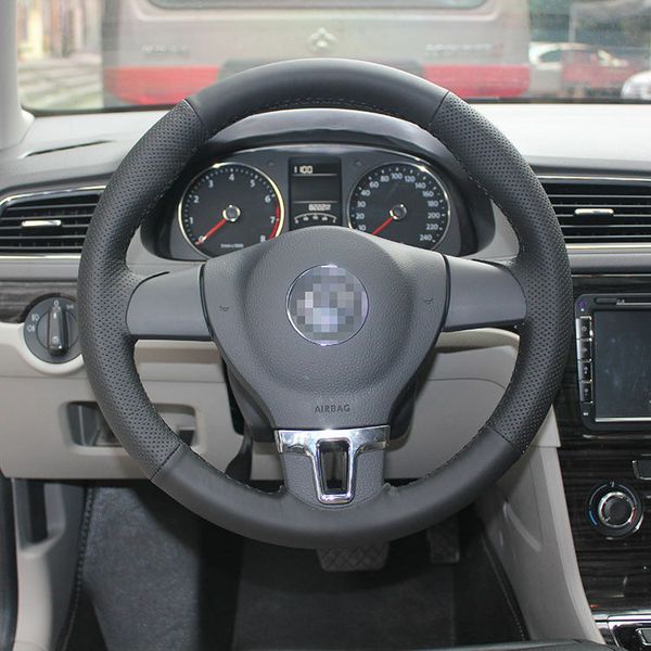 

hand sewingblack leather steering wheel stitch on wrap cover for vw lavida