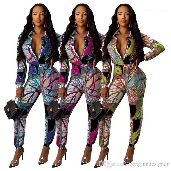 

style female clothing casual apparel womens floral print jumpsuits summer designer lapel neck long sleeve pants fashion, Black;white