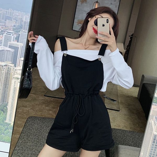 

2020 летняя мода -плечий похудение футболка top wide старение leg bib темперамент двухсекционного женской одежды, White