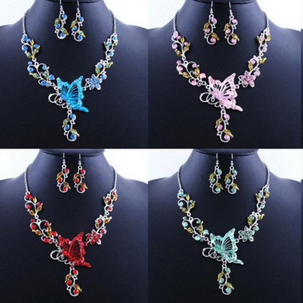 

new crystal butterfly flower statement necklaces dangle earrings for women europe and america bride wedding engagement choker jewelry set, Silver