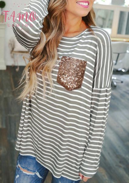 

полосатый tshirt женщины top с длинным рукавом футболка мода sequined карманный tee shirt женщины топы tee корейский стиль футболки, White