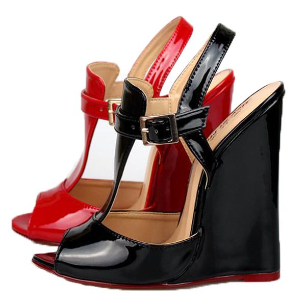 

women's sandals 2018 summer new style open toe round head fashion patent leather high heels wedge sandals women shoes black red lll