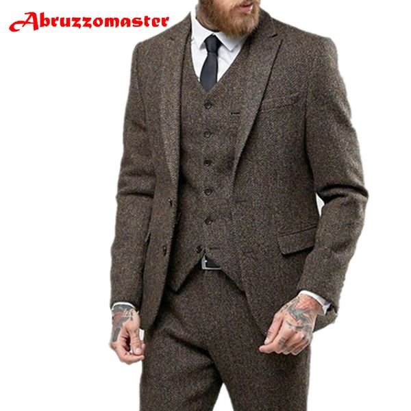 

abruzzomaster tweed suit brown herringbone wool man suits herringbone wedding tuxedos jacket jacket+pants+vest, White;black