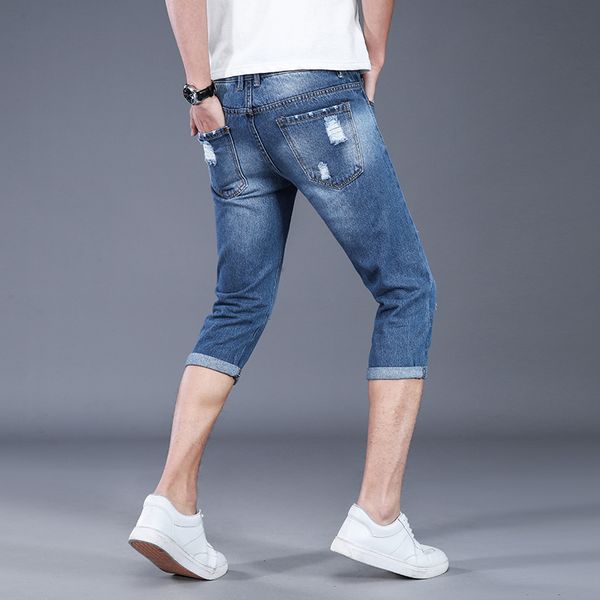 

men's jeans arrivla fashion light blue men slim holes beggars shorts summer thin casual knee length plus size 28-31 32 33 34 36 38