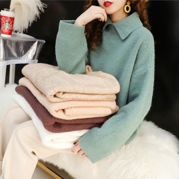 

womens casual turn down collar sweater loose knitted long sleeve pullover female korean cute jumper new winter q9448, White;black