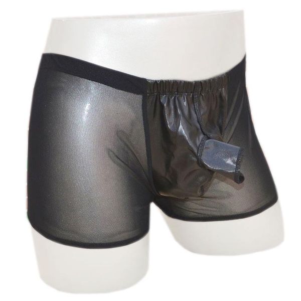 

men see-through mesh sheer boxer brief shorts with wet look crotch pouch and open front sheath underwear bottom lingerie, Black;white