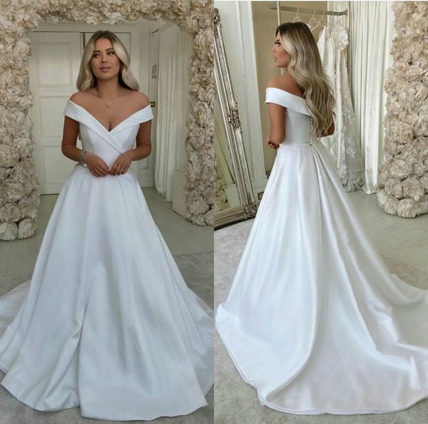 

2020 wedding dresses lace off the shoulder v neck bridal wedding dress sweep trian wedding gowns, White