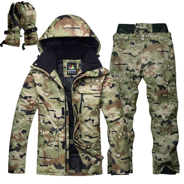 

10k camouflage ski suit set men's winter outdoor 10000 windproof waterproof warm snow pants set and skis + ski gloves