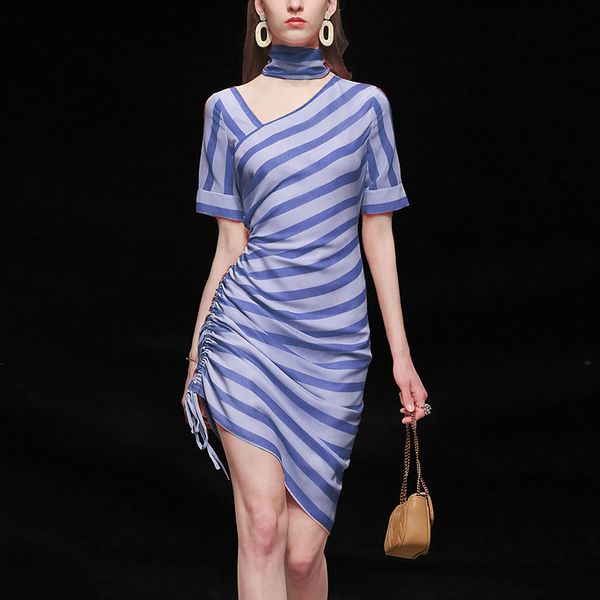 

slim new women summer 2020 stripe bag hip short-sleeved dress was thin temperament long dress, Black