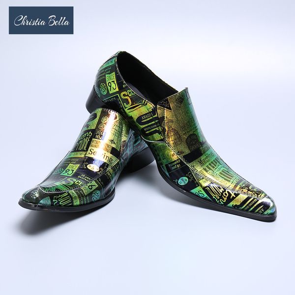 

christia bella fashion pattern printing genuine leather men business shoes plus size slip on square toe formal dress shoes, Black