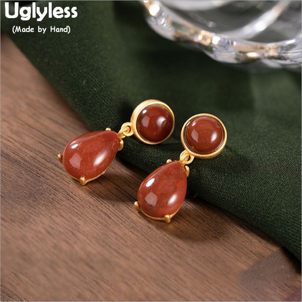 

uglyless real 925 sterling silver brincos bijoux for women natural agate waterdrop earrings gold plated gems fine jewelry e1780, Golden;silver