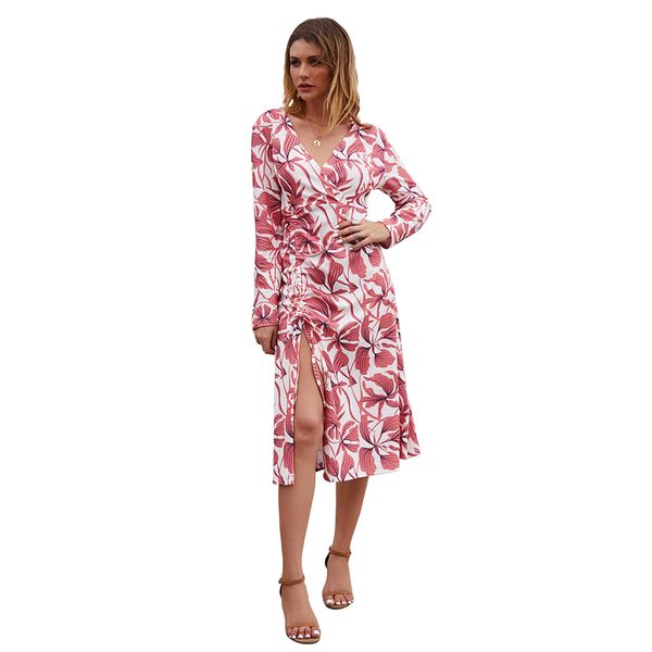 

loose high waist holiday women dress beach floral print casual party side split v neck autumn long sleeve fashion, Black;gray