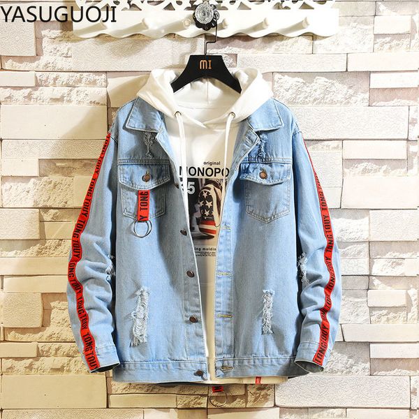 

yasuguoji denim jacket men's ripped holes blue jean jackets new 2020 autumn spring garment washed mens denim coat, Black;brown