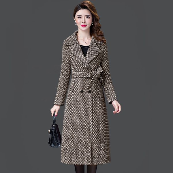

l-5xl new women's wool coat winter autumn 2019 fashion plaid jacket lacing belt thicken slim woolen blends outerwear female, Black