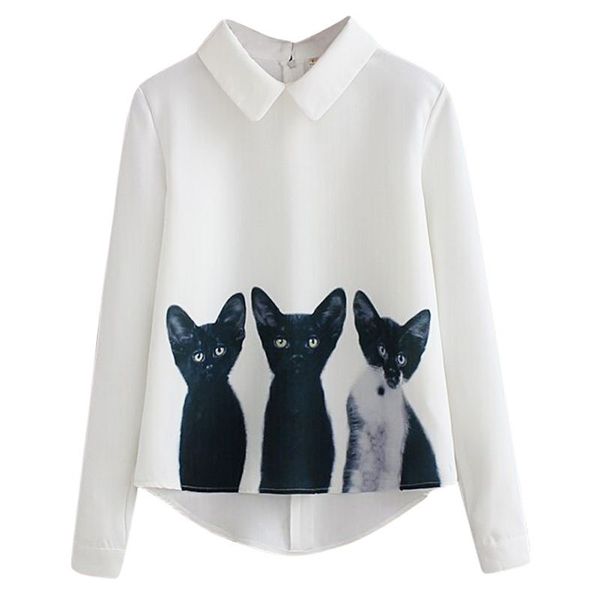 

fashion new brand women loose chiffon three cats long sleeve casual blouse autumn shirts high quality, White