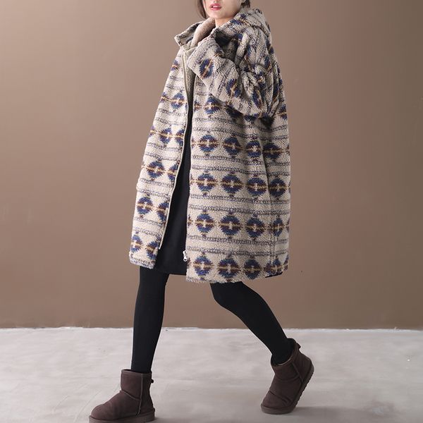 

ewq] 2019 autumn winter hooded collar long sleeve print patchwork zipper plus velvet vintage cotton padded coat women ah91304, Black