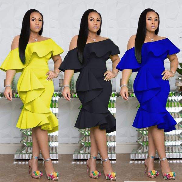 

elegant slash neck ruffles cap sleeves mermaid women dresses 2019 drapped knee length bodycon dress for club party 3 colors, Black;gray