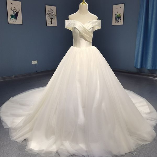 

elegant off-shoulder satin tulle ball gown wedding dress court train country wedding dresses with sleeves voiles de mariage, White