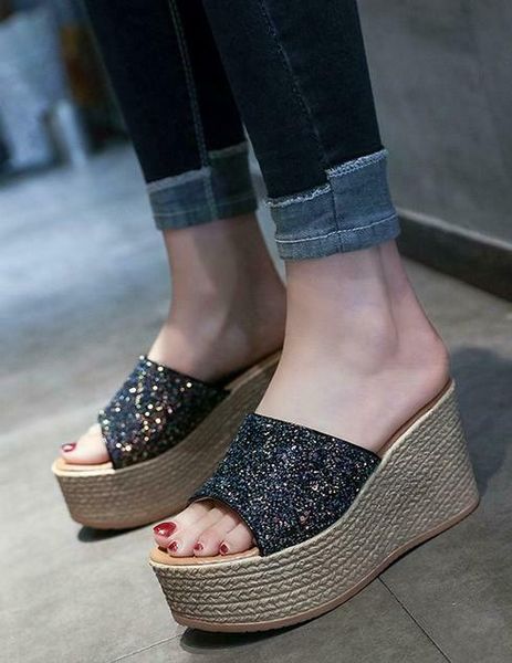 

womens sandals wedge platform slippers bling bling sequins open toe shoes plus size, Black