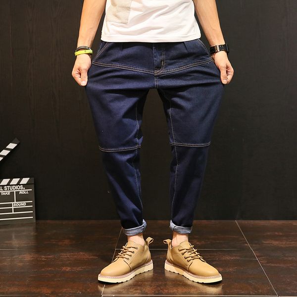 

fashion solid plus size men jeans pockets loose ankle length denim trousers casual ankle length streetwear, Blue