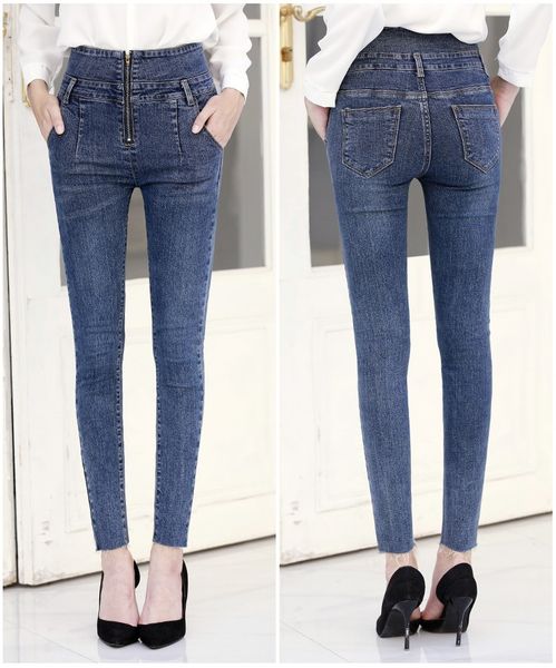 

2019 autumn new high waist jeans women's slim pencil pants women's trousers streetwear jeans woman ripped for women, Blue