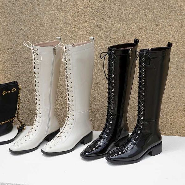 

4cm med heels women knee high boots new winter lace up long boots party shoes woman genuine leather female riding, Black