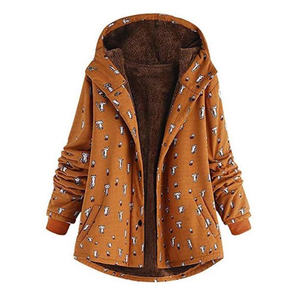 

women plus velvet pocket coat cotton printed warm office lady clothing autumn winter hooded female overcoats plus size 4xl 5xl, Black
