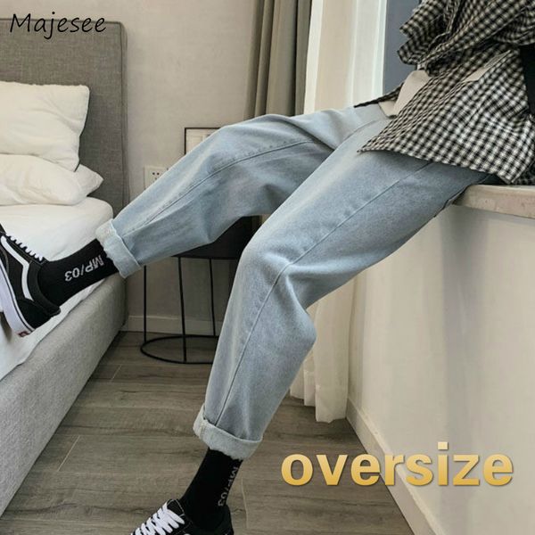

men jeans solid spring new simple plus size 3xl loose leisure ankle-length chic mens straight denim trousers harajuku retro ins, Blue