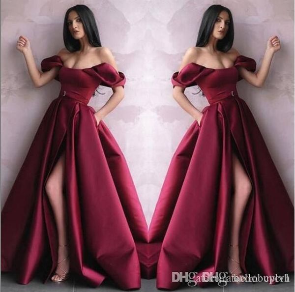 

burgundy satin off shoulder african elegant evening formal dresses gowns 2019 new long party prom dresses split front, Black;red